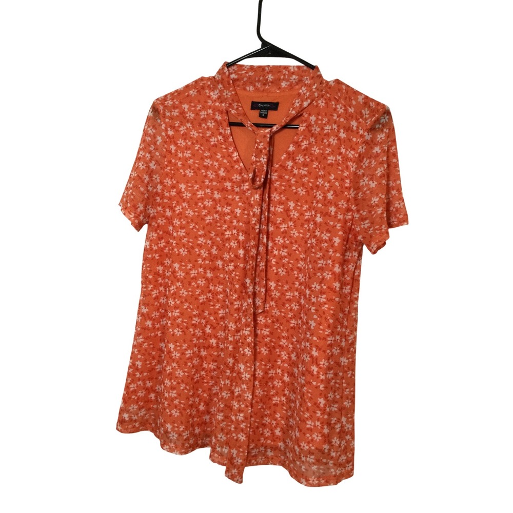 Cocomo Orange Floral Tie Neck Blouse Semi-Sheer Short Sleeve‎ SizeS (294)